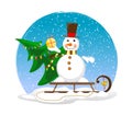 Cute snowman on a sled with a decorated Christmas tree and a gift in his hand. Holiday illustration with a snowman. Royalty Free Stock Photo