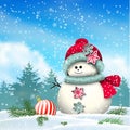 Cute snowman in snowy winter landscape