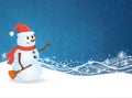 Cute snowman standing on a blue background with pattern and sparkles.