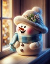 A cute snowman is standing on the windowsill.