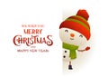 Cute snowman stands behind signboard advertisement banner with text Merry Christmas and Happy New Year Royalty Free Stock Photo