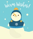 Cute snowman and text warm wishes. Card for New Year and Christmas design Royalty Free Stock Photo