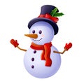 Cute snowman with top hat, scarf, emotional happy face in cartoon style isolated on white background. Christmas Royalty Free Stock Photo