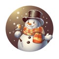 cute snowman in a top hat and a striped orange scarf with a robin bird on a snow mitten Royalty Free Stock Photo