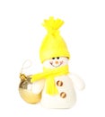 Cute snowman toy and golden Christmas ball isolated on white Royalty Free Stock Photo