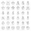 Cute snowman in various design with hat, tea cup, scarf and Christmas hat, thin line icon