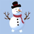 Cute snowman vector design on a blue background. Christmas design with a happy snowman. A winter snowman with neck muffler, gloves
