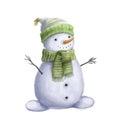 Cute snowman in warm scarf portrait, watercolor style clipart, winter illustration with cartoon character Royalty Free Stock Photo