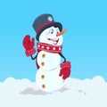 Cute Snowman Wearing Hat And Scarf Happy Smiling Over Blue Snow Background Royalty Free Stock Photo