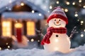 Cute snowman wearing red hat and scarf in front of house decorated for Christmas, ai generated Royalty Free Stock Photo
