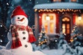 Cute snowman wearing red hat and scarf in front of house decorated for Christmas Royalty Free Stock Photo