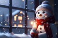 Cute snowman wearing a red scarf and holding a candle.