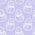 Cute snowman white doodle seamless pattern for paper, fabric, decoration. Blue winter background.