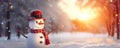 Cute snowman in winter with blurred light on background, generative AI