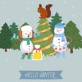 Cute snowman and winter forest vector illustration. Cartoon drawing of a snowy landscape with a cute greeting snowmen