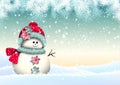 Cute snowman with in winter landscape Royalty Free Stock Photo