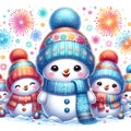 The cute snowmans family with beautif hats and scarves, with colorful fireworks, christmas ornaments, snow, cartoon style, fantasy