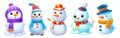 Cute snowmen with different emotions, wearing hats and scarves. Collection of isolated illustrations on white background Royalty Free Stock Photo