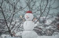 Cute snowmen with - gift presents standing in winter Christmas landscape. New year gift. Snowman with shopping bag - Royalty Free Stock Photo