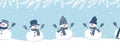 Cute snowmen have fun in winter holidays. Seamless border. Christmas background on blue. Snowmen in blue winter clothes