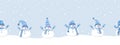Cute snowmen have fun in winter holidays. Seamless border. Christmas background Royalty Free Stock Photo