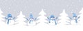 cute snowmen have fun in winter holidays. Seamless border. Christmas background. Four different snowmen in blue winter clothes
