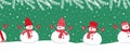 Cute snowmen have fun in winter holidays. Seamless border. Christmas background on green. Snowmen in red winter clothes