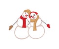 Cute snowmen.Illustration of two cute snowmen in love holding hands.couple of happy snowmen.