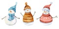 Cute snowmen in knitting hats hand drawn watercolor christmas character set