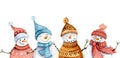 Cute snowmen in knitting hats hand drawn watercolor christmas character set