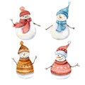Cute snowmen in knitting hats hand drawn watercolor christmas character set