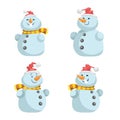 Cute snowmen in red hat with scarf vector icons set. Cartoon expression characters.