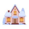 Cute Snowy House, Suburban Cottage Building with Glowing Windows Vector Illustration
