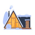 Cute Snowy House, Suburban Winter Cottage Building with Glowing Windows and Smoking Chimney Vector Illustration