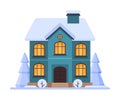 Cute Snowy House, Two Storey Cottage Building with Glowing Windows Vector Illustration