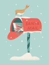 Cute snowy Mailbox with letters for Santa Claus. Traditional decorative Christmas red box with bird on the top. Symbol of kids
