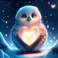 Cute Snowy Owl hugging heart Snowy winter background with cute cartoon owl and heart-shaped lights. AI Generated Royalty Free Stock Photo