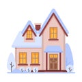 Cute Snowy Suburban House, Two Storey Cottage Building with Glowing Windows Vector Illustration