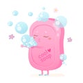 Cute soap character, pink emoji with kawaii face holding soft bubbles in bathroom