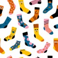Cute socks pattern. Seamless print of stylish knitted garment accessory, cotton wool clothing items. Vector texture