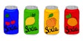 Cute Soda Cans Collection. Hand drawn adorable set of soft drinks in aluminum cans set. Modern colors soft drinks cans fancy Royalty Free Stock Photo