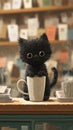 A cute soft black cartoon kitten character is having a coffee cup Royalty Free Stock Photo