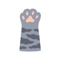 Cute soft paw of adorable tabby cat with pink pads, drawn in doodle style. Kitty hand raised up, gesturing hi. Feline