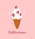 Softcream strawberries vector with pink background .