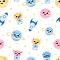 Cute space alien monster seamless pattern with planets and rockets on white background, childish galaxy exploration