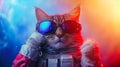 Cute space cat dressed in astronaut suit with sunglasses in studio with a colorful. AI Generative Royalty Free Stock Photo