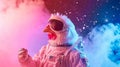 Cute space chicken dressed in astronaut suit with sunglasses in Pink and Blue Magical. Generative Ai