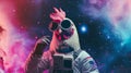 Cute space chicken dressed in astronaut suit with sunglasses in Pink and Blue Magical. Generative Ai