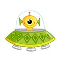 Cute space monster sitting in a flying saucer. The newcomer on a white background in a spaceship