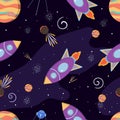 Cute space pattern in cartoon style. Spaceship, asteroids, stars and planets. Cosmic illustration design. Vector